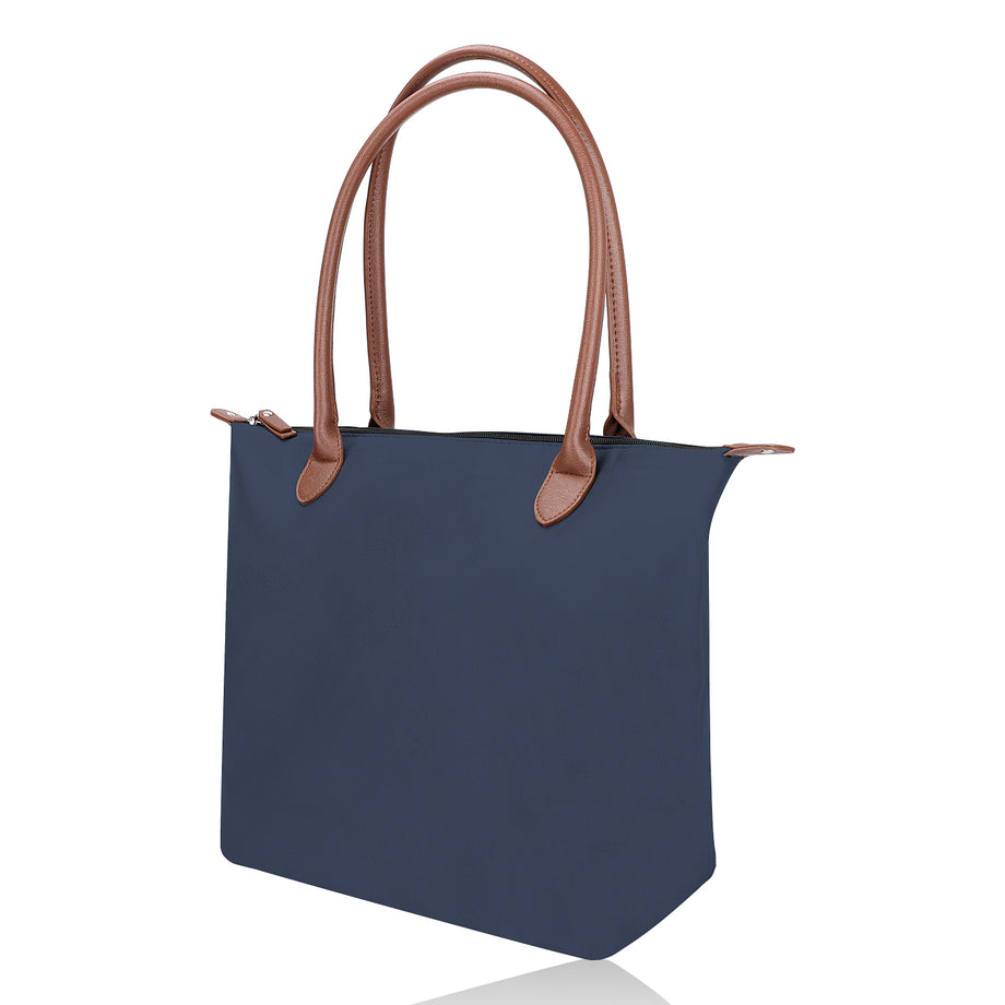 Navy tote bag with brown handles best sale